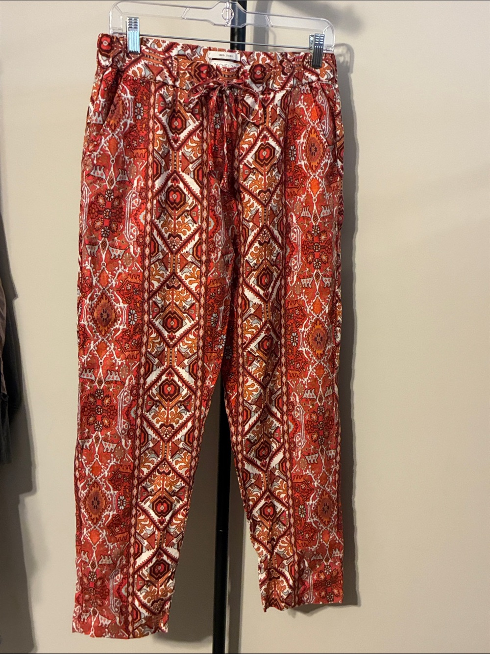 Rachel Zoe Linen Red Boho Floral Patterned Drawstring Pants Small